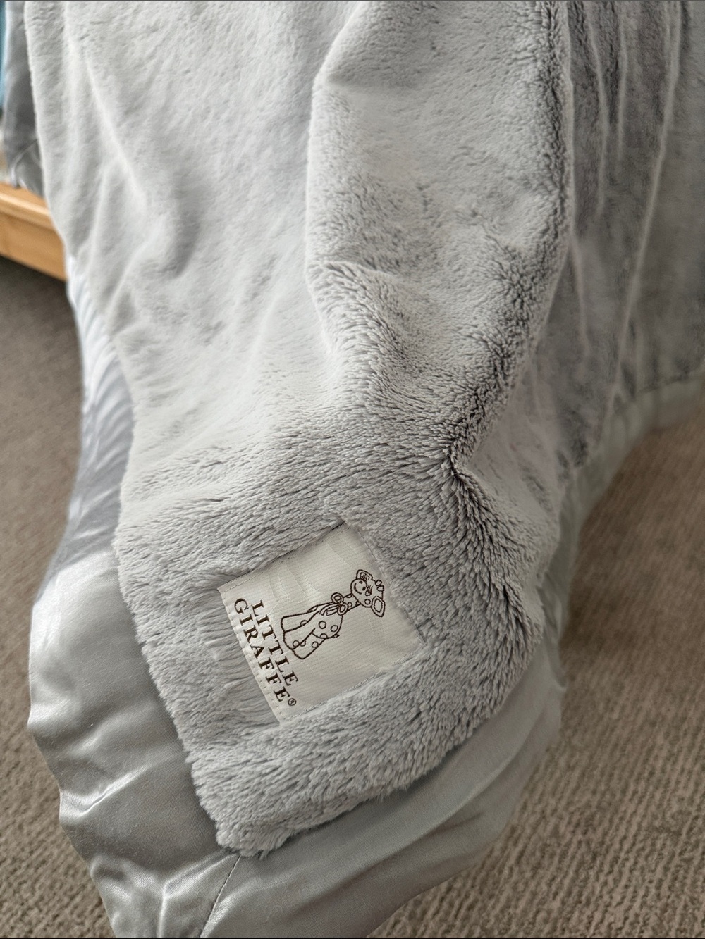 Little Giraffe Plush Light Grey baby blanket with Satin Trim